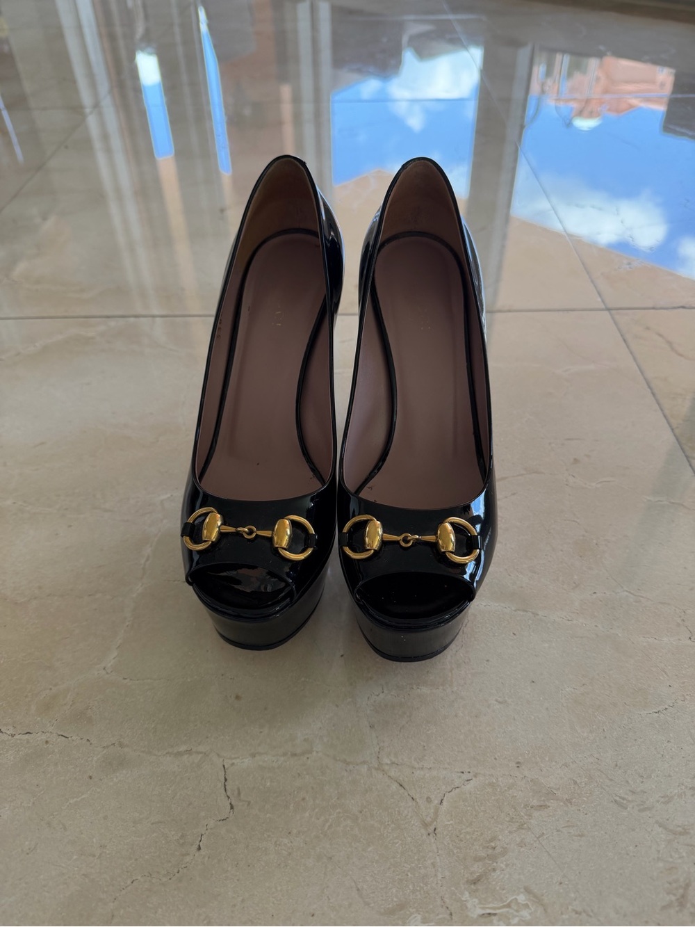 Gucci Black Patent Peep-Toe Pumps with Gold Horsebit Accent